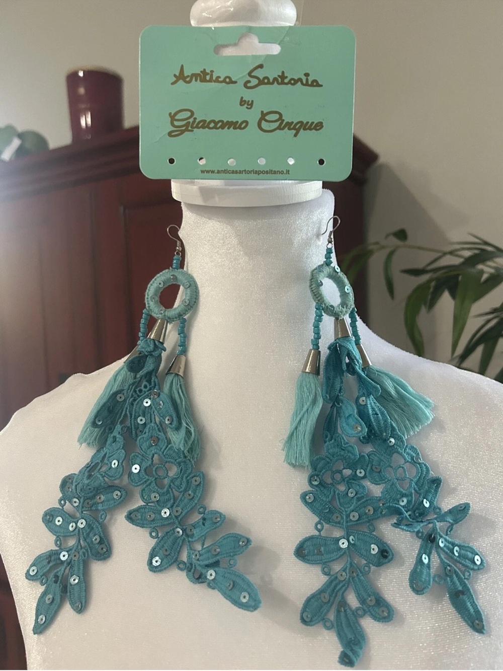 Antica Sartoria Teal Lace Tassel Drop Earrings NWT
